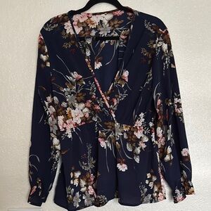Blue and Pink Floral Wrap Blouse